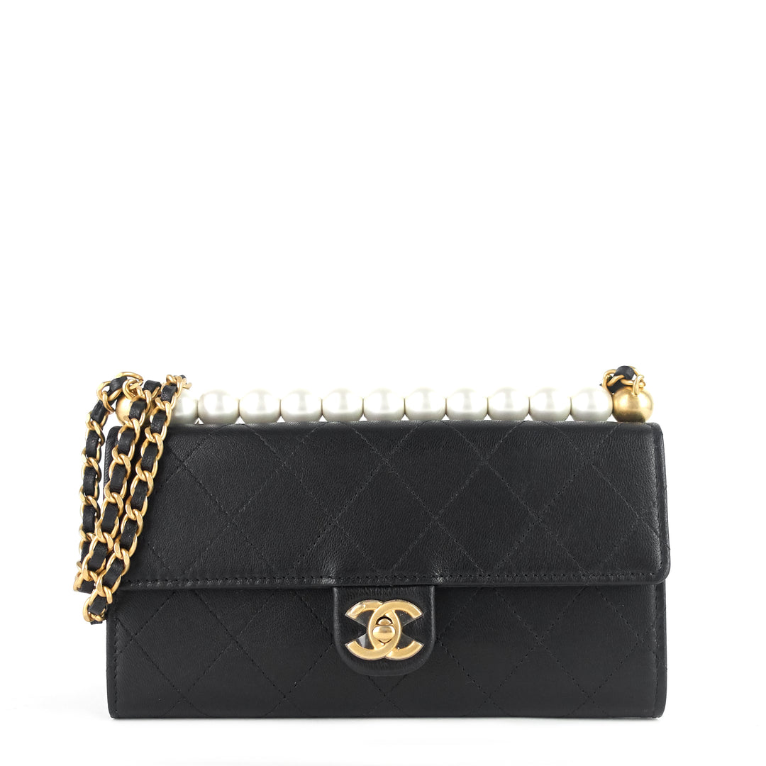 chic pearls flap goatskin leather clutch with chain bag