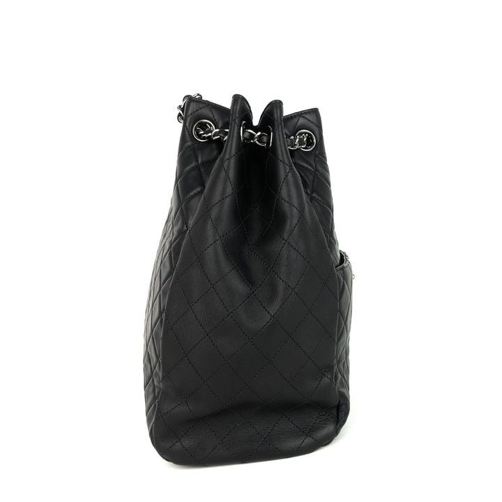 drawstring cc front pocket lambskin leather bucket bag