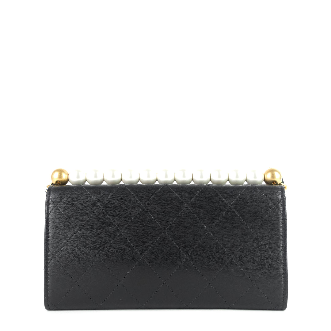 chic pearls flap goatskin leather clutch with chain bag