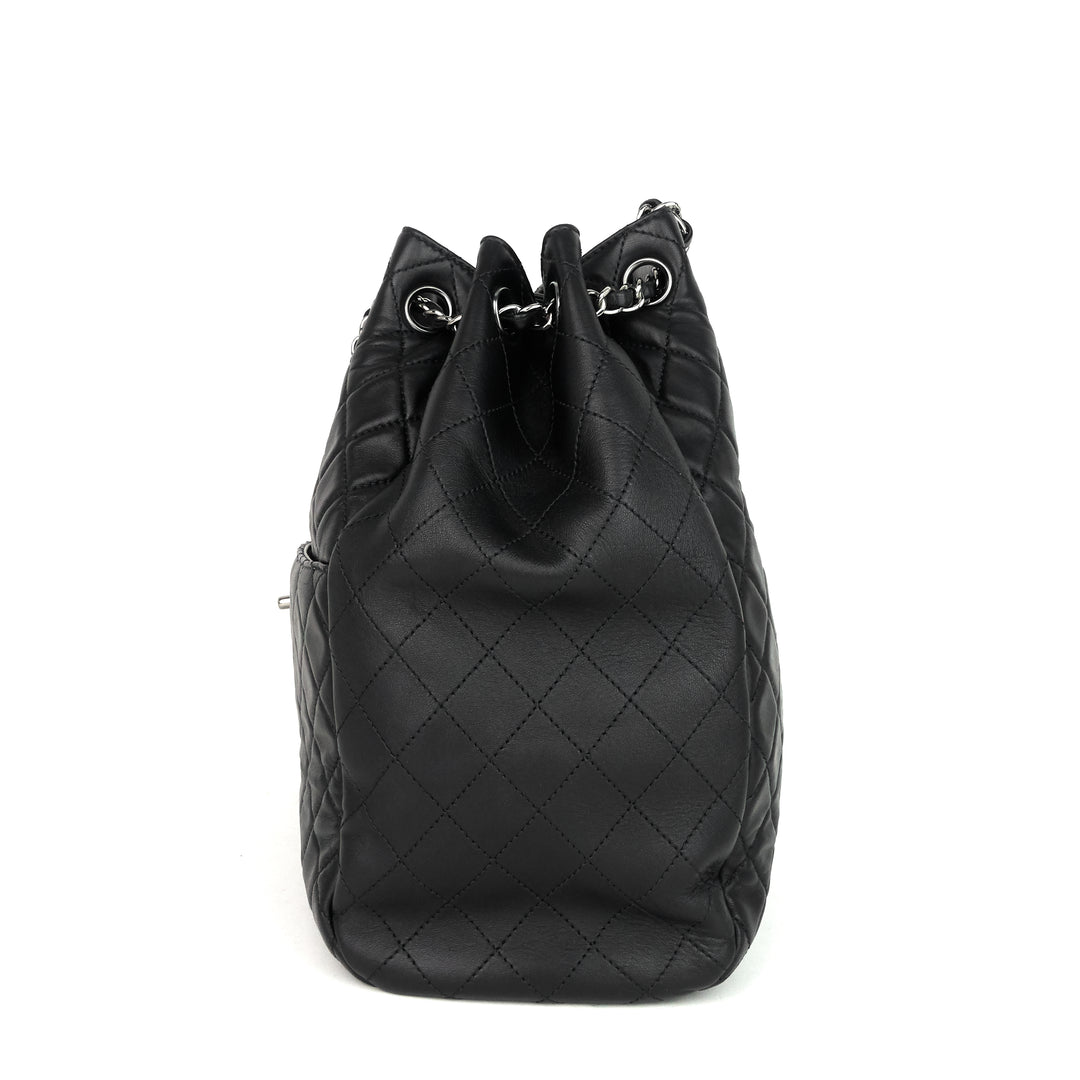 drawstring cc front pocket lambskin leather bucket bag
