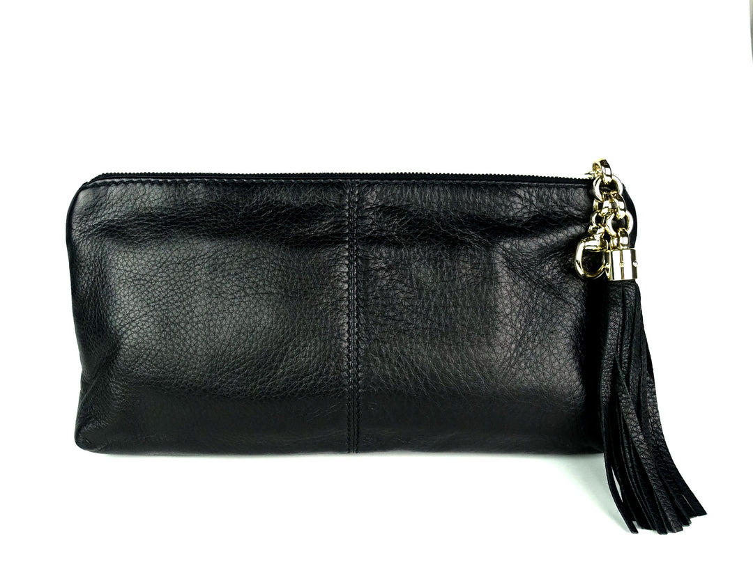 sienna grained leather tassel clutch bag