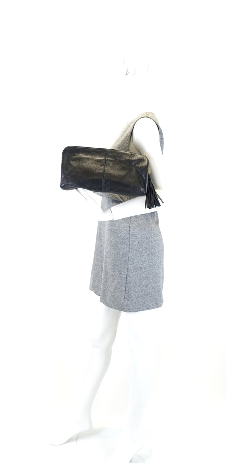 sienna grained leather tassel clutch bag