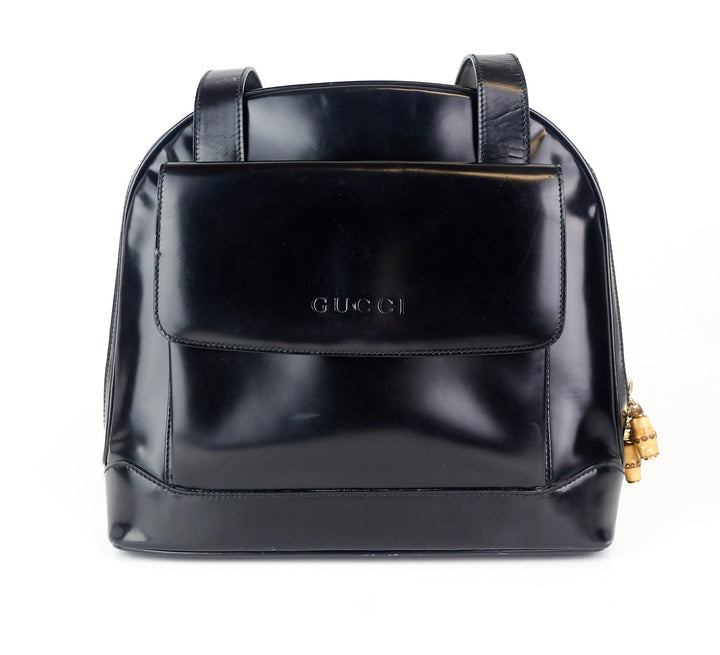 patent leather front flap pocket tote bag