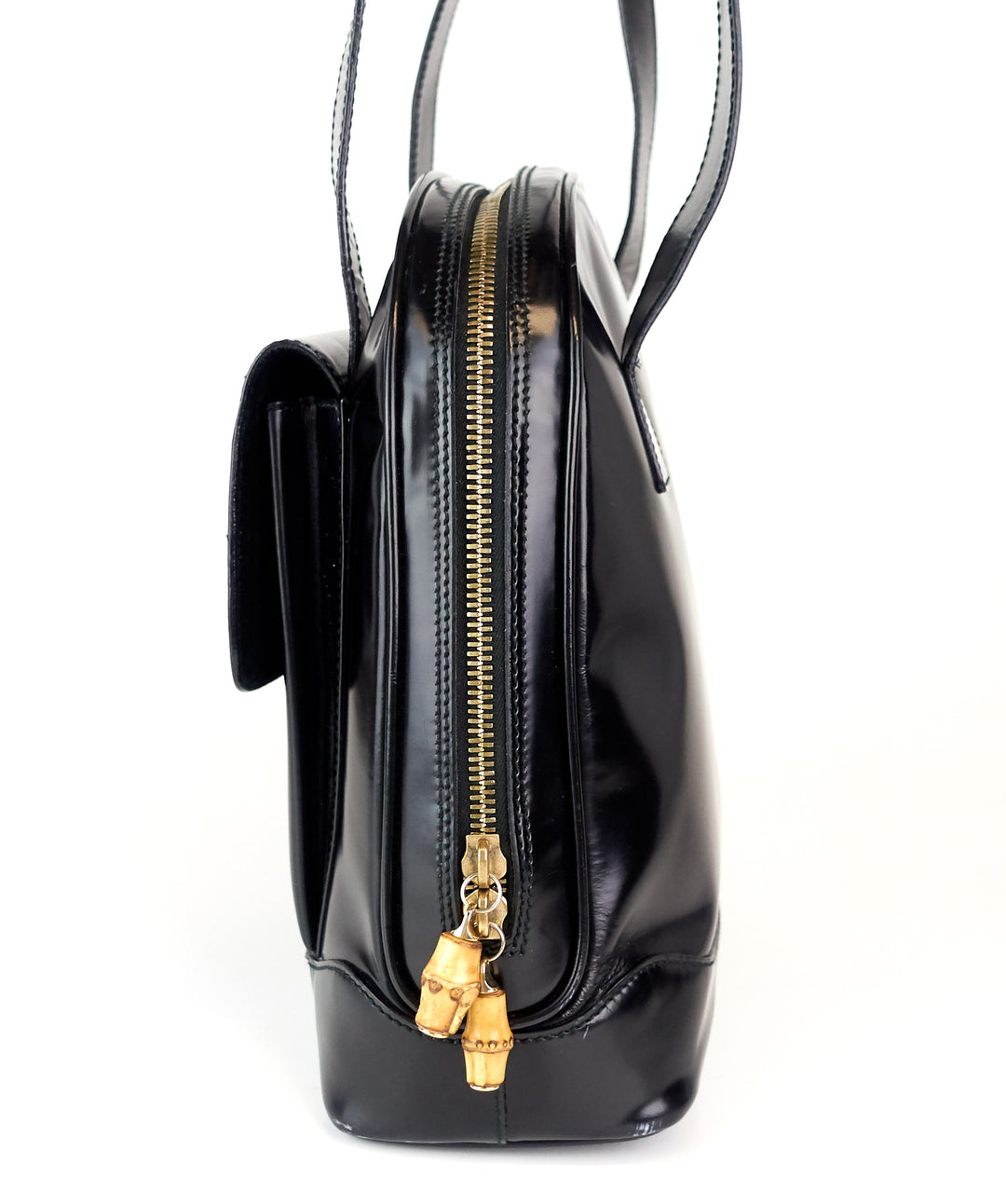 patent leather front flap pocket tote bag
