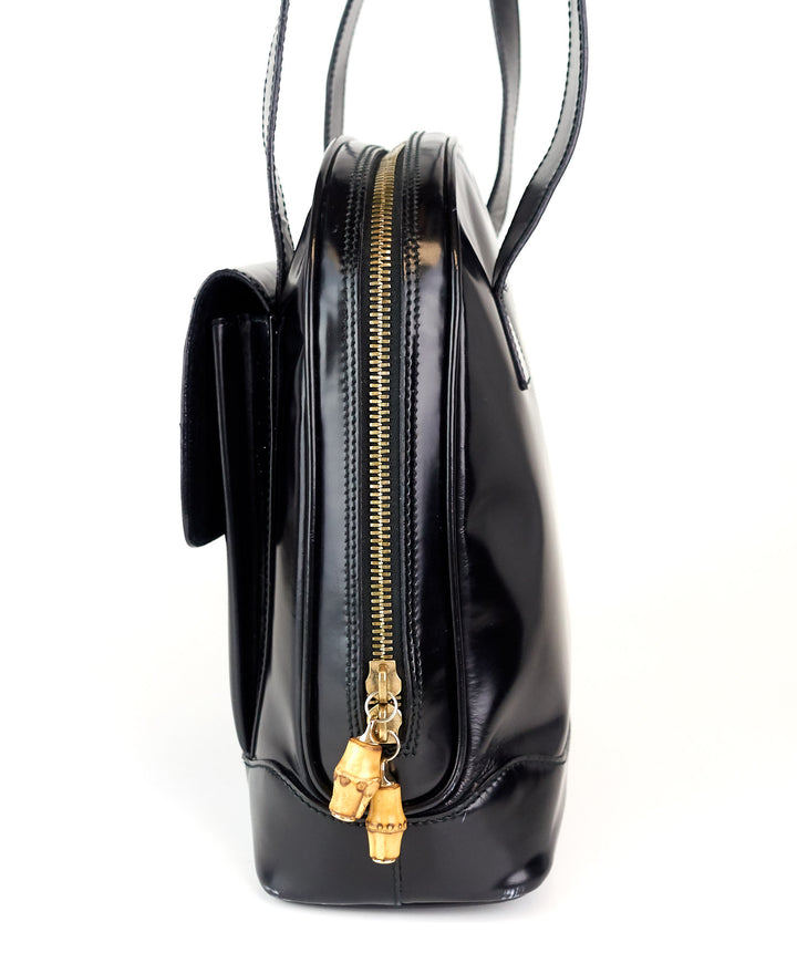 patent leather front flap pocket tote bag