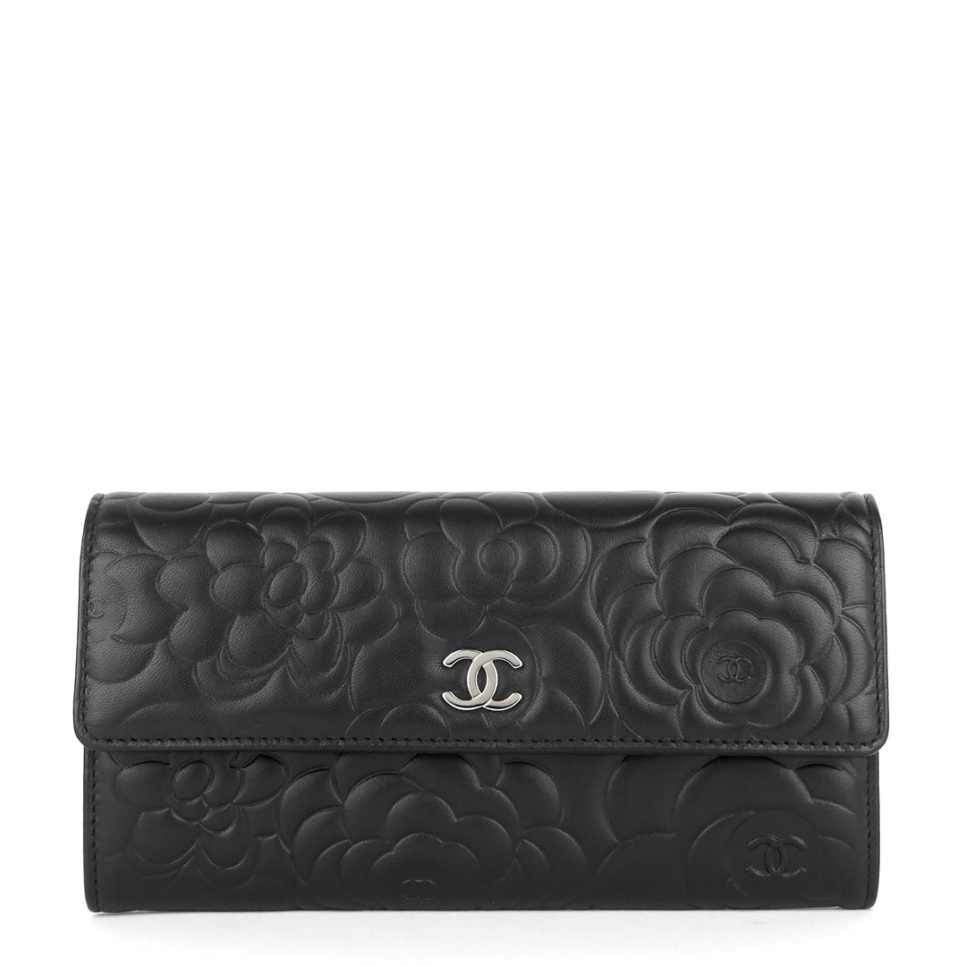 embossed camellia lambskin flap wallet