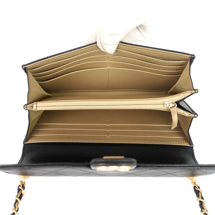 chic pearls flap goatskin leather clutch with chain bag