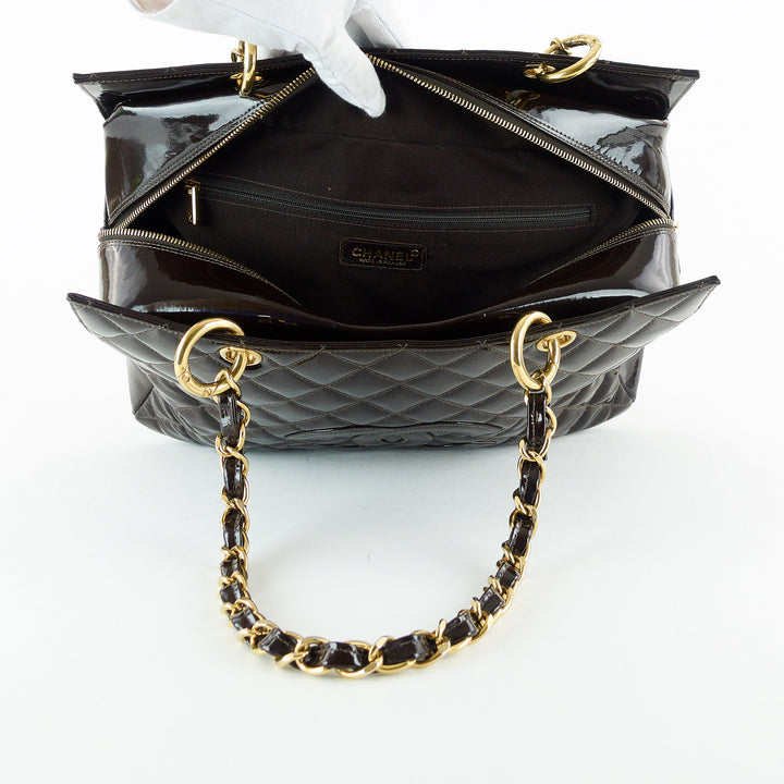 grand timeless tote quilted patent leather bag
