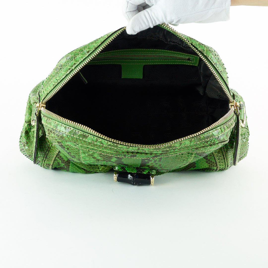 pop green and black python bag