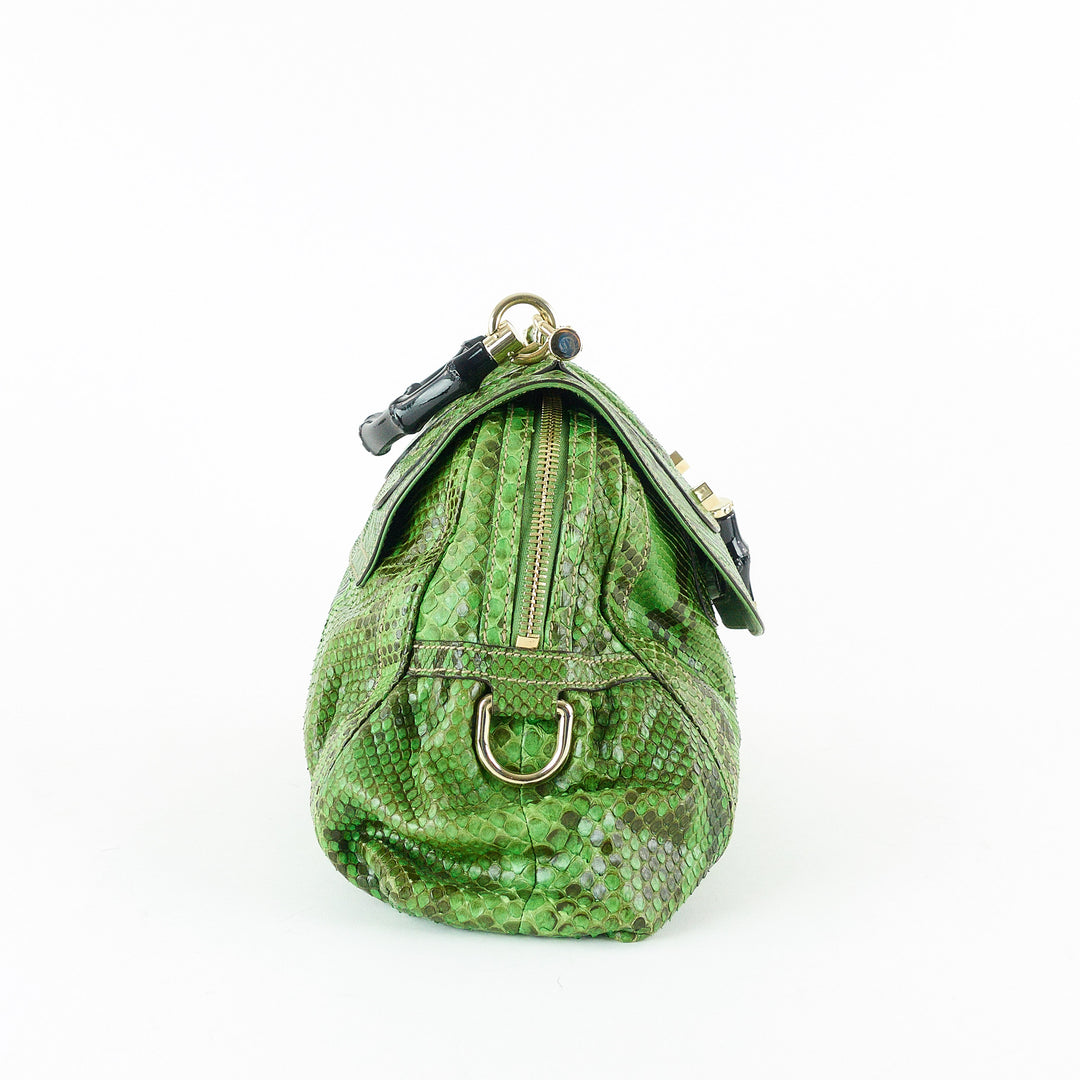 pop green and black python bag