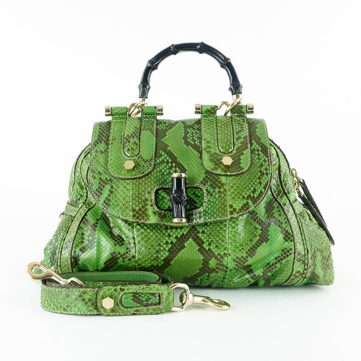 pop green and black python bag