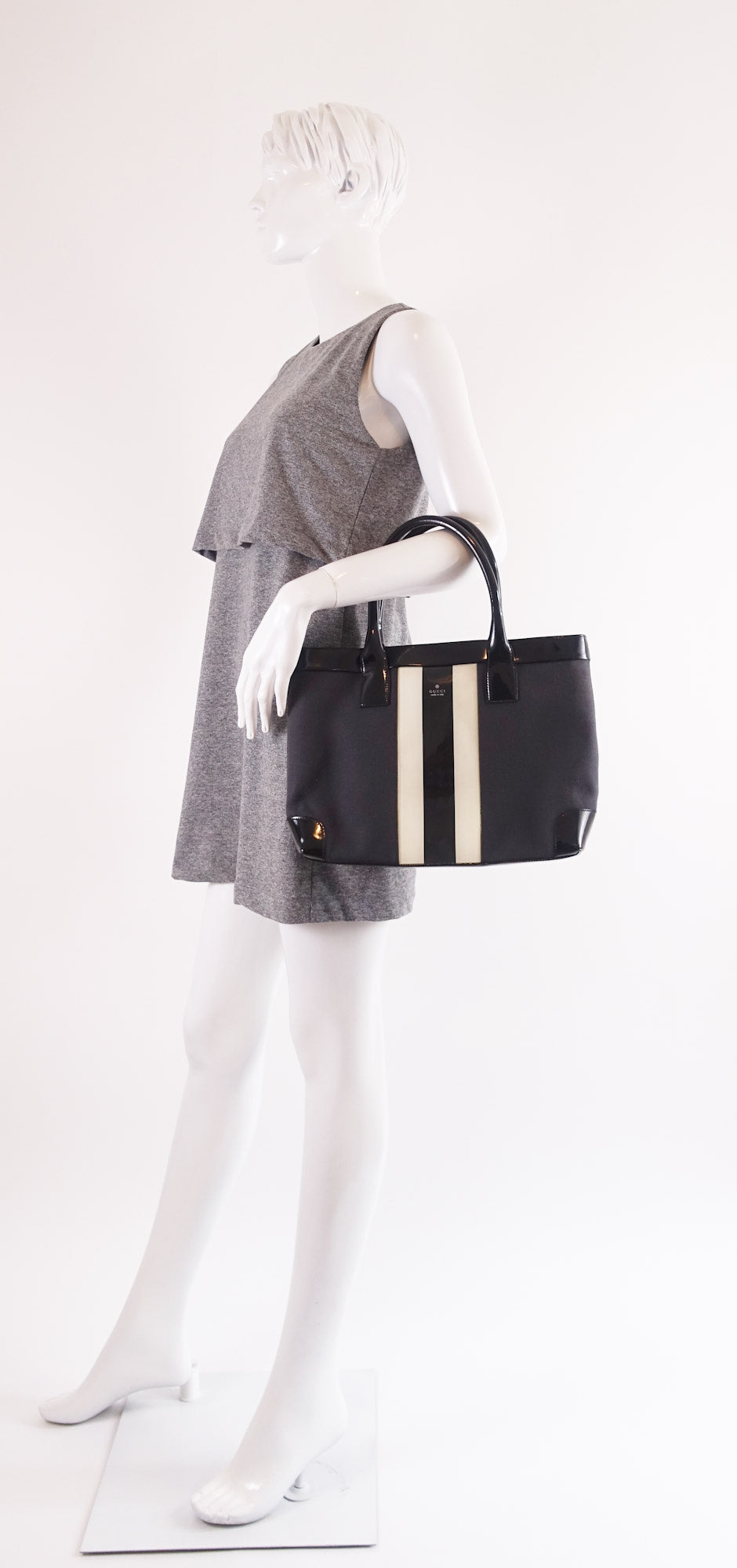 canvas and patent leather striped tote bag