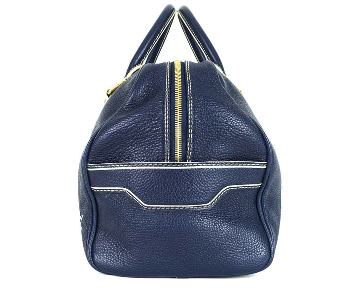 navy blue leather boston bag