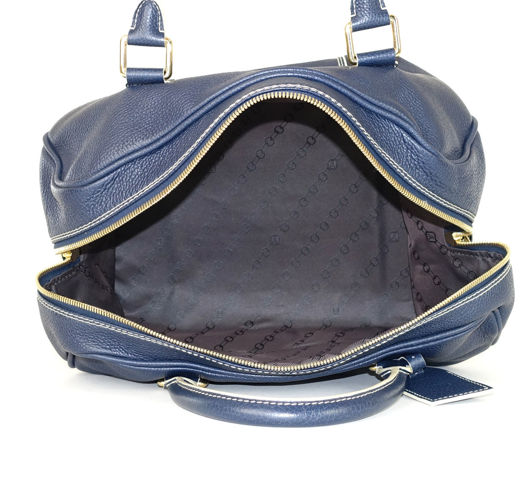navy blue leather boston bag