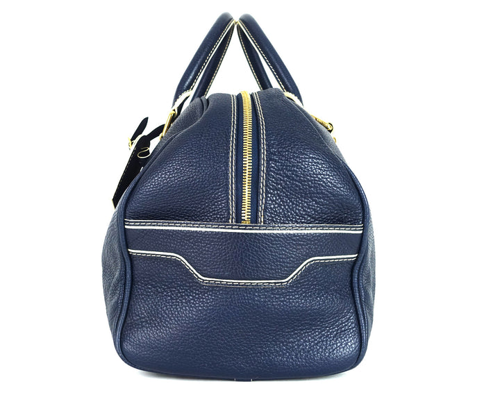 navy blue leather boston bag