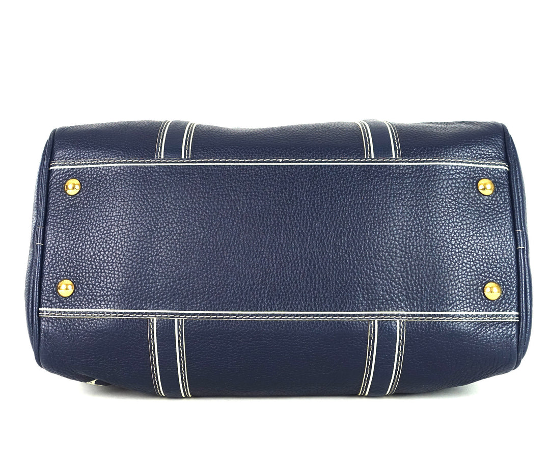 navy blue leather boston bag