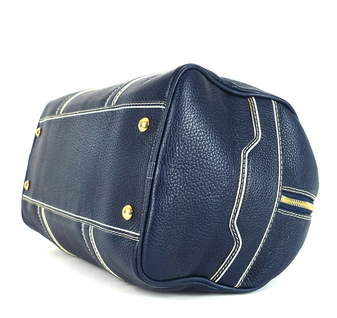 navy blue leather boston bag