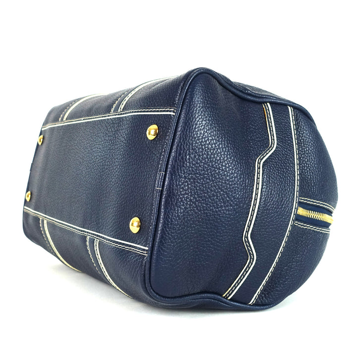 navy blue leather boston bag