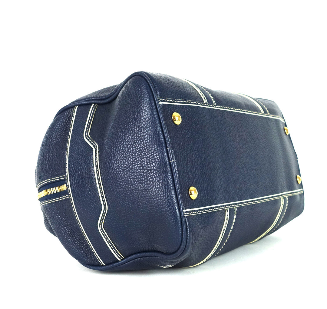 navy blue leather boston bag