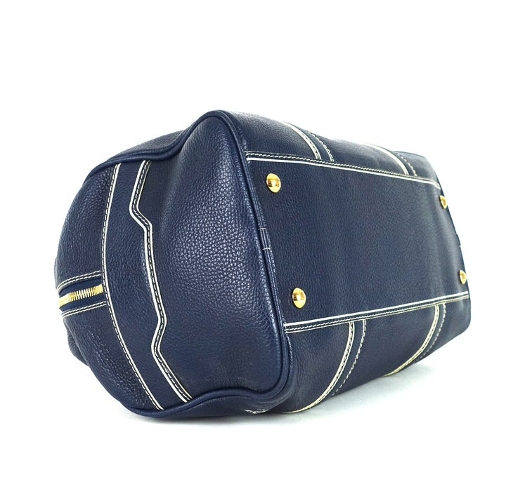 navy blue leather boston bag