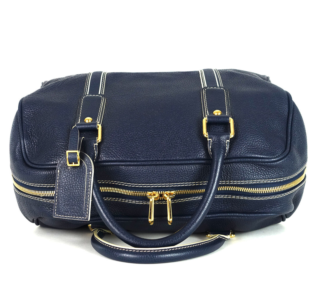 navy blue leather boston bag