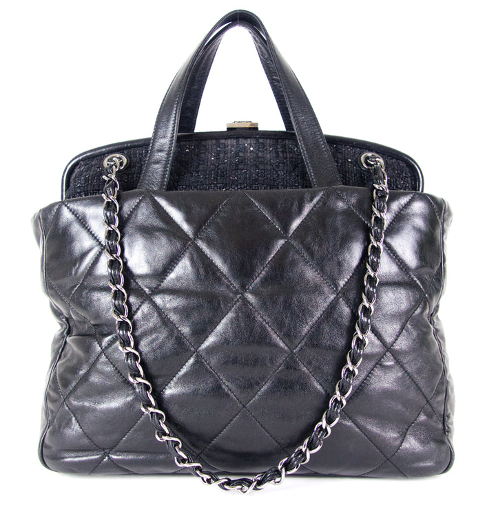 portobello quilted glazed calfskin leather and tweed frame shoulder bag