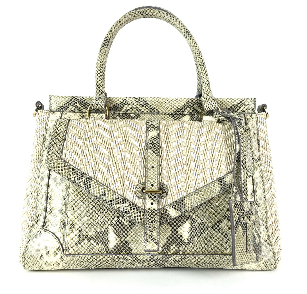 tory burch 797 snake-print leather raffia satchel bag