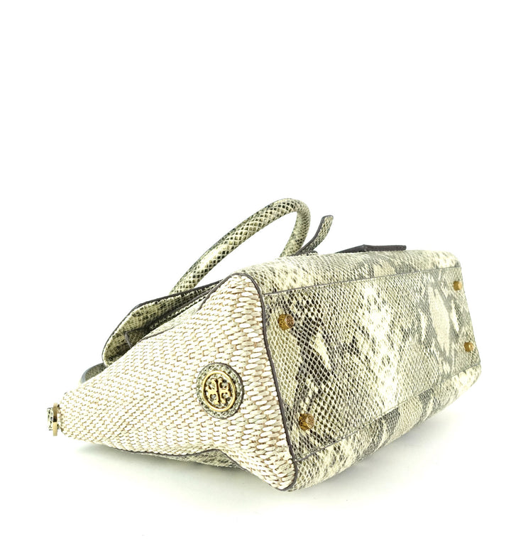 tory burch 797 snake-print leather raffia satchel bag