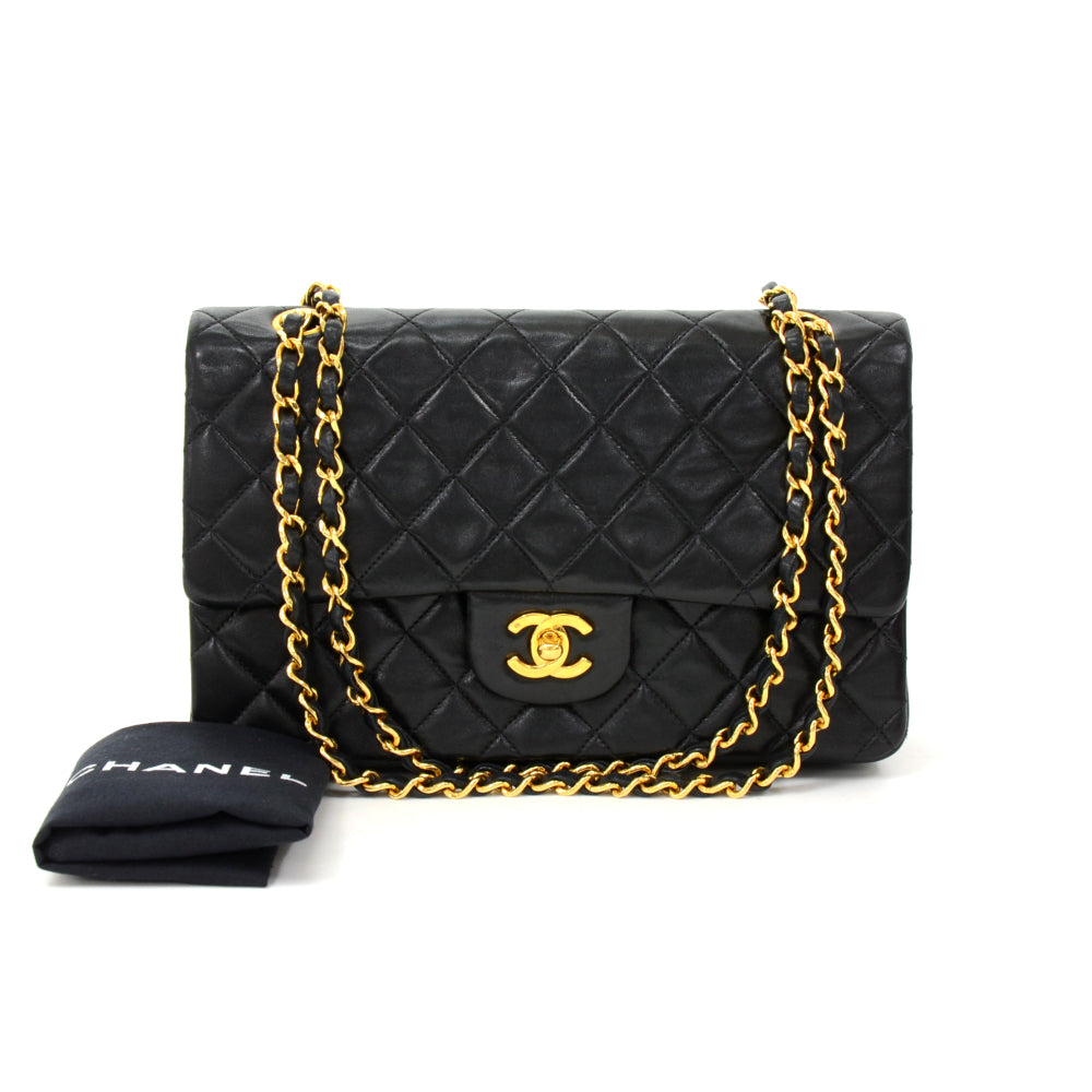 10" lambskin leather double flap shoulder bag