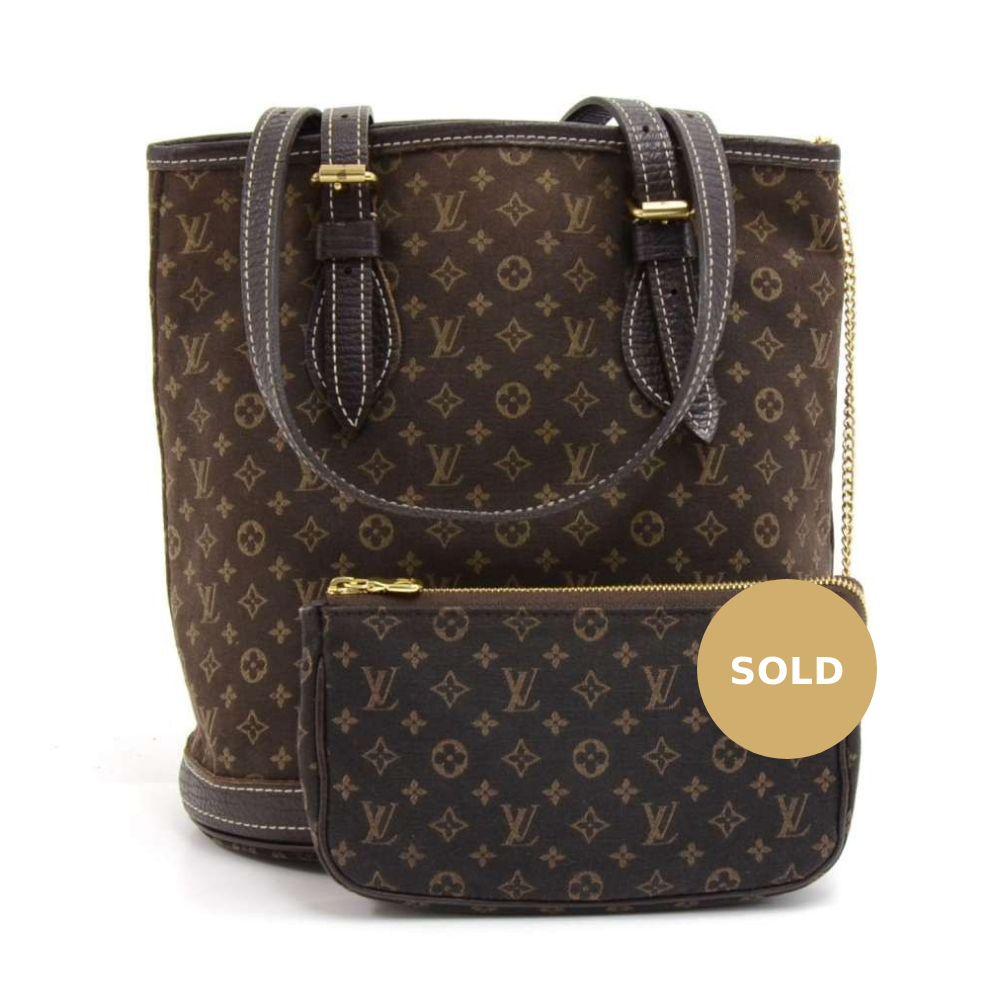 bucket pm mini lin monogram ebène canvas shoulder bag with pouch